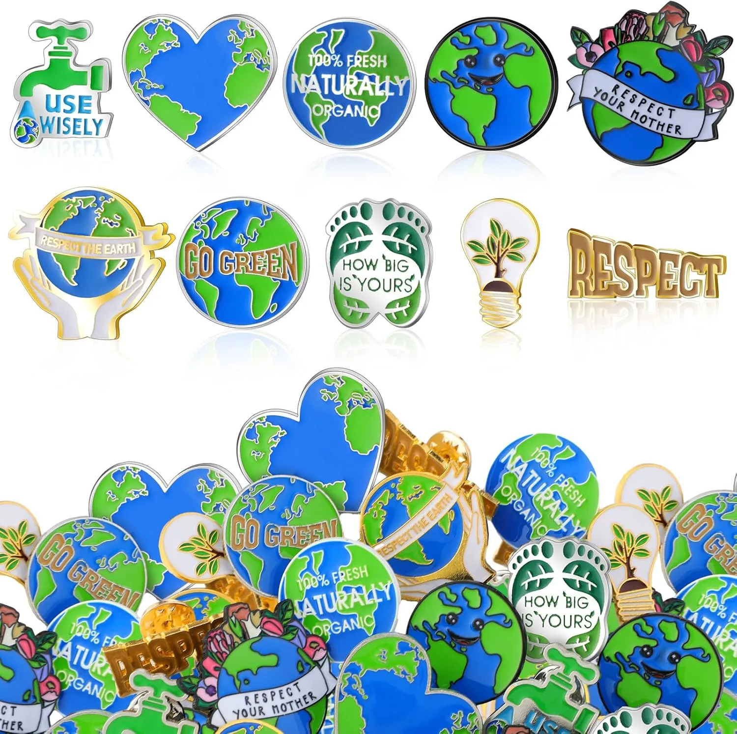 Hoteam Earth Day Pins Green Enamel Lapel Pins Save the Earth Enamel Lapel Pins Set Respect the Environmental Protection Buttons Light Bulb Organic and Natural Buttons