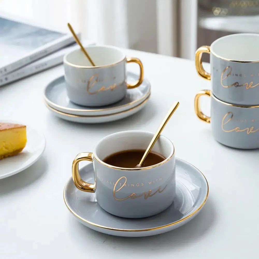 SALE 200ml Letters Love Coffee Cup Set Golden Handle Milk Water Cup With Dessert Dish Spoon Coffee Couple Mug Gift Box Packaging