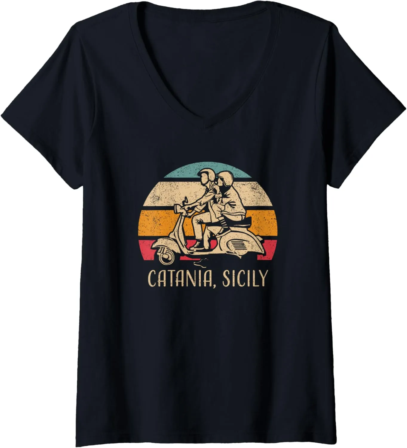 Womens Catania Sicily Sicilia Vintage Scooter Retro Sunset Design V-Neck T-Shirt